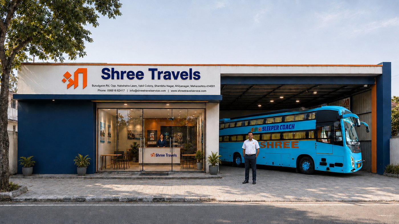 Shree Travels office on Burudgaon Road, Ahilyanagar, with a sleeper coach parked outside